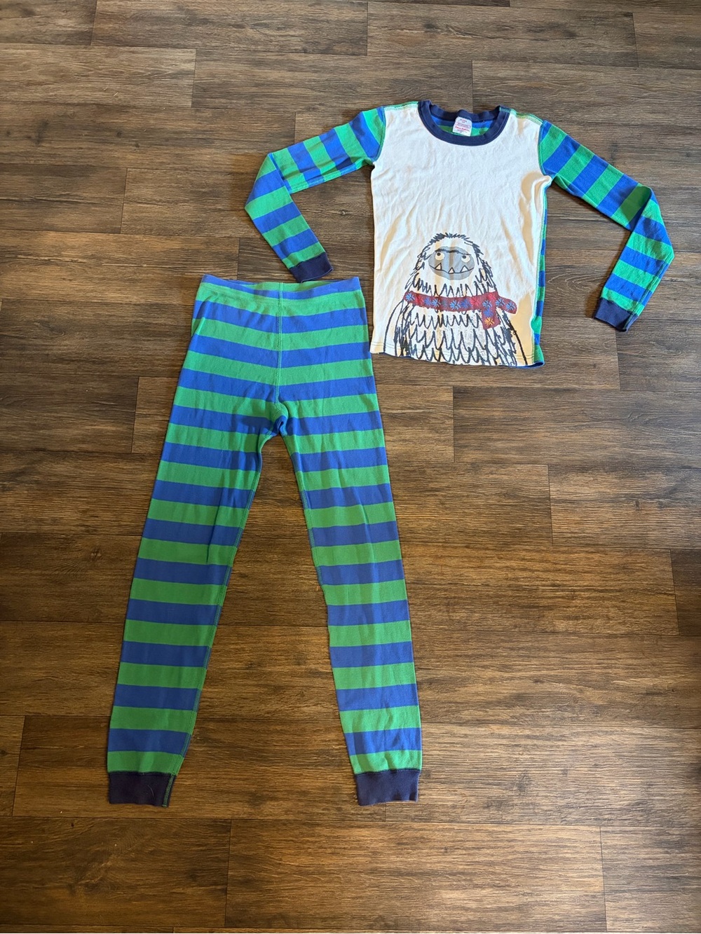 Hanna Andersson Boys Blue & Green Striped Yeti 2-Piece Pjs Size 14